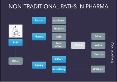 Screenshot 1 of Dr. Aber’s presentation.  Non-traditional paths in pharma shown as a flow chart starting with a Ph.D.